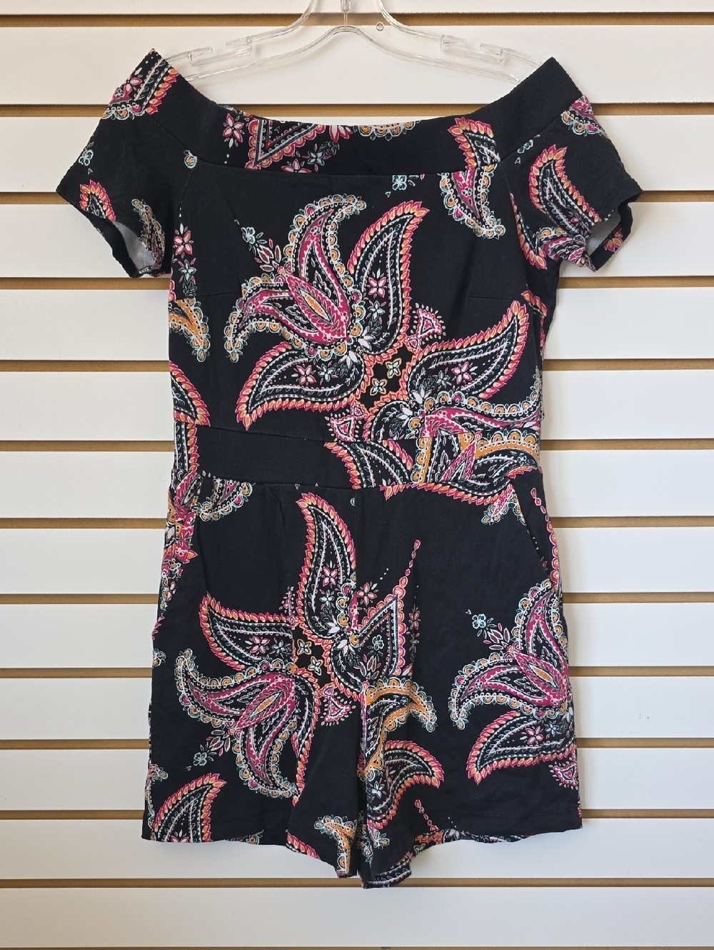 NY&Co Off-Shoulder Paisley Romper with Pink & Orange Accents